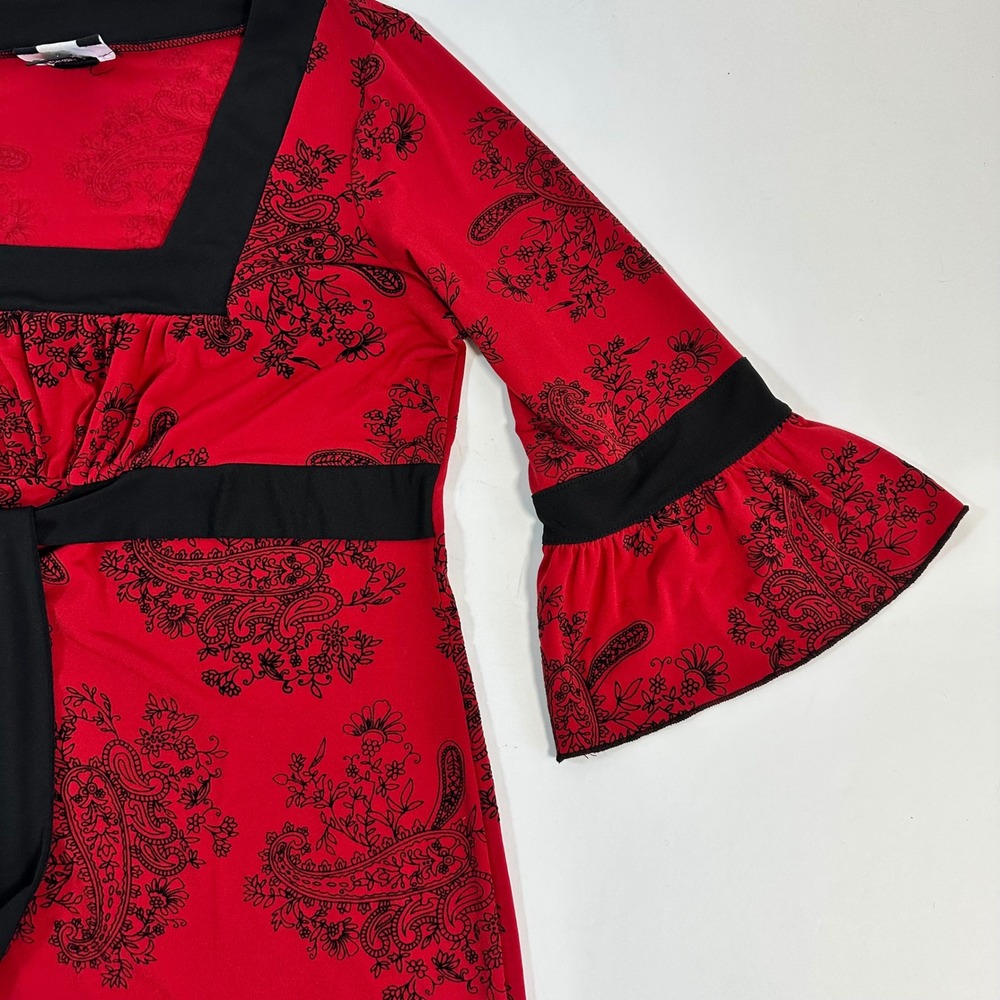 Y2K Red Black Floral‎ Top Blouse Square Neck Bell Sleeve L Witchy Romantic Goth - Picture 5 of 7